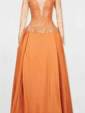 Bob Mackie Orange Lace Bodice Long Sleeve Evening Gown